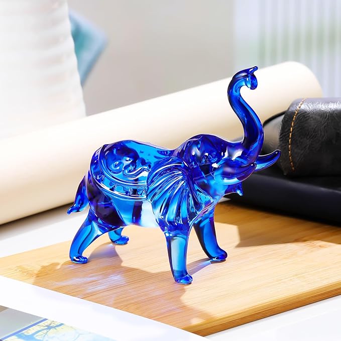 YWHL Blue Crystal Elephant Figurine Gifts for Women & Men, Glass Elephant Statue for Home & Office Decor, Handmade Art Animals Collectible