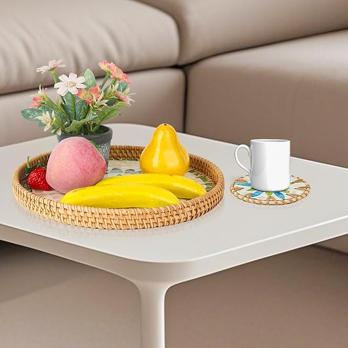 Round Rattan Serving Tray with Mother of Pearl Inlay & Coaster, Boho Wicker Basket, Decorative Coffee Table Tray for Table Decor, Storage and Display of Coffee Bread Fruit(Bohemia)