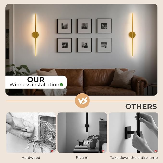 Battery Operated Wall Sconces Set of 2, Detachable Wireless Wall Lamps 360°Rotate, 10000mAh Rechargeable Wall Lights for Bedroom, Living Room,3000-6500K Dimmable, 28 Inch Gold