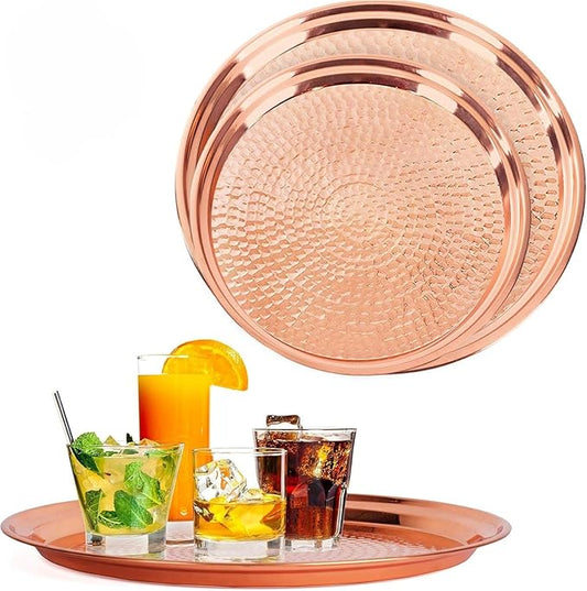 2-Pack Copper Tray - Large 15" Round, Medium 13" Round - Rose Gold Decorative Serving Tray