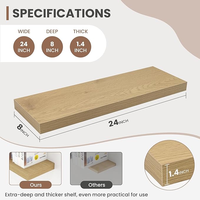 24 Inch Floating Shelves, 8 Inch Deep Floating Shelves for Wall, Hanging Shelf with Invisible Brackets, Deep Shelves for Bathroom, Bedroom, Living Room, Oak, Set of 2
