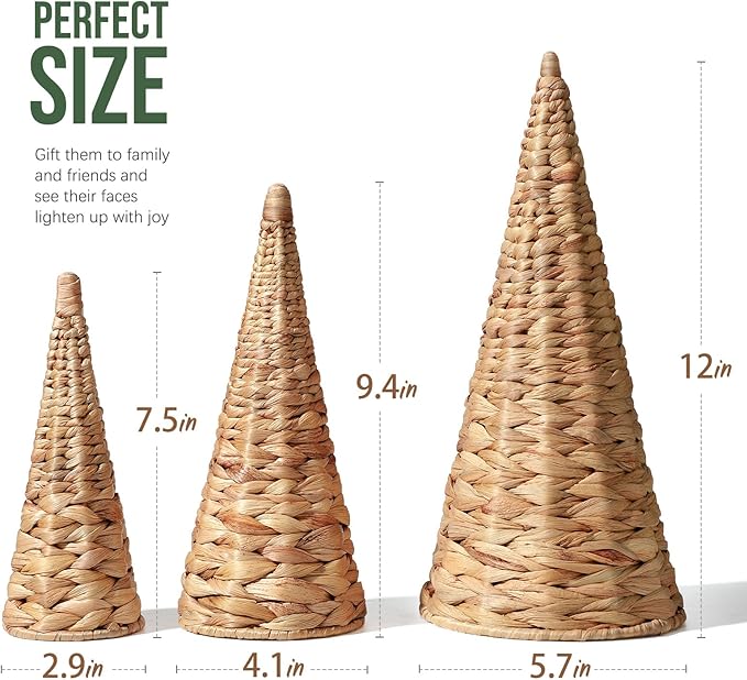 3pcs Woven Water Hyacinth Christmas Trees Decor, Artificial Christmas Tree Decorations for Home Party Table Village Craft Indoor Outdoor Vintage Christmas Decor(Natural)