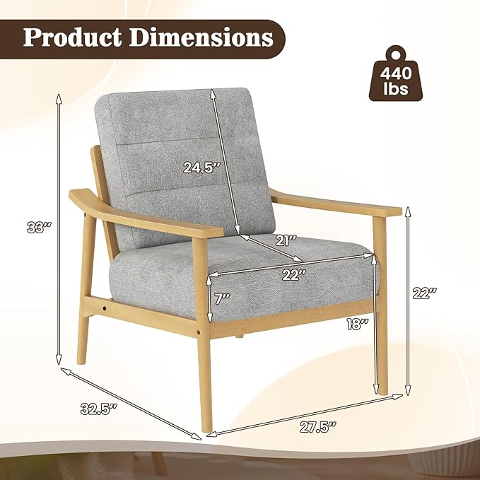 Giantex Mid Century Modern Accent Chair Set of 2, Max Load 440 LBS Upholstered Living Room Chair w/Rubber Wood Armrests & Legs, Removable Back Cushion, Comfy Reading Arm Chair for Bedroom