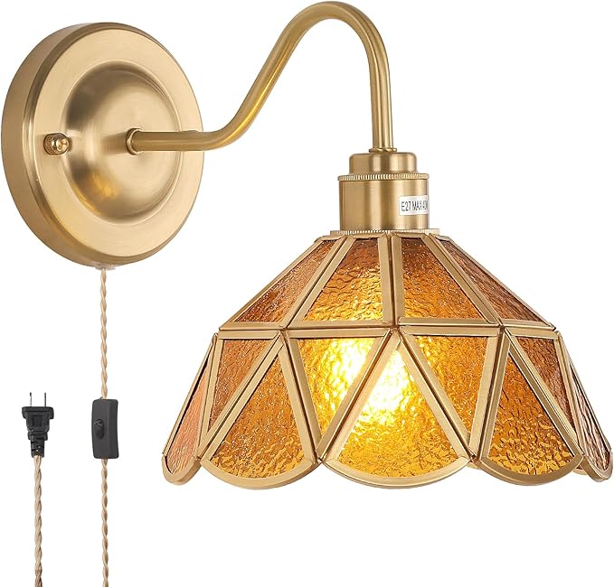 Vintage Wall Sconce, Wall Lamps with Coffee Stone Triangle Checker Sconce, Stained Glass Shade Gold Wall Lights Fixture with Plug in Cord and Switch for Bedroom Bathroom Living Room Hallway