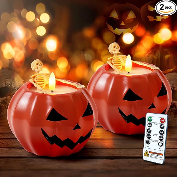 Homemory Halloween Flameless Pumpkin Candles, 2Pcs LED Real Wax Pumpkin Lamp with Skeleton, Flickering Battery Operated Candles with Remote for Halloween Decor, Theme Party, Holiday Gift, Orange