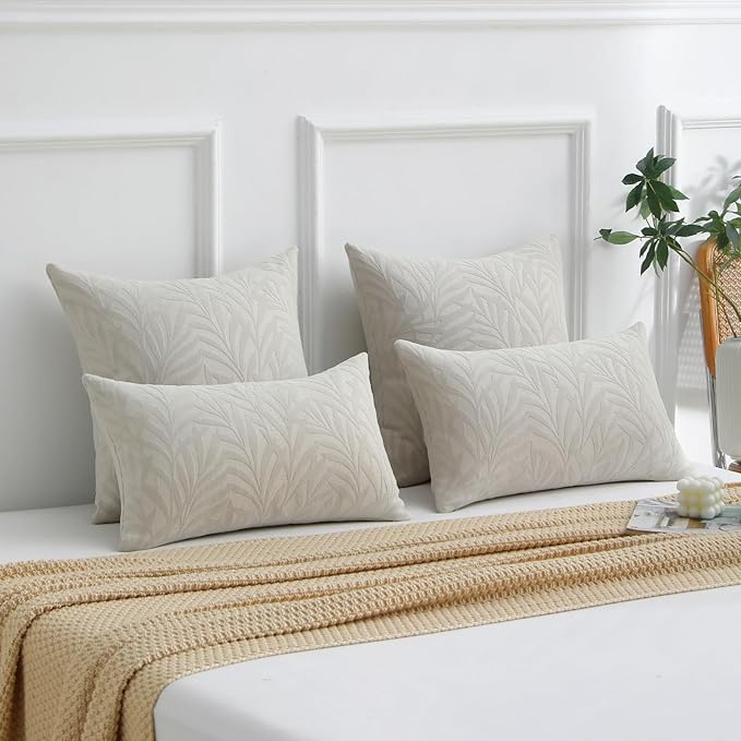 FUTEI Beige Decorative Throw Pillow Covers 26x26 Inch Set of 2,Soft Chenille Phoenix Tail Leaf Textured Euro Pillow Shams,Modern Home Decor for Couch Bed Living Room
