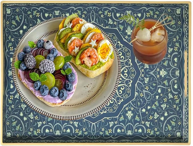 Decorative Tray, Blue Serving Tray with Handles, Ottoman Trays, Plastic Coffee Table Tray for Living Room, Bathroom, Kitchen, Decor, 15.7”*11.8”