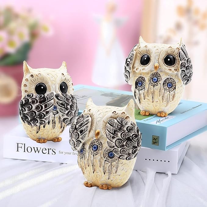 3 Owl Figurines Decor, Owl Statue Figurine, See No Hear No Speak No Evil Ornaments, Crafted Animal Sculpture, Cute Owls Decoration for Living Room, Office, Bookshelf, Bedroom - White