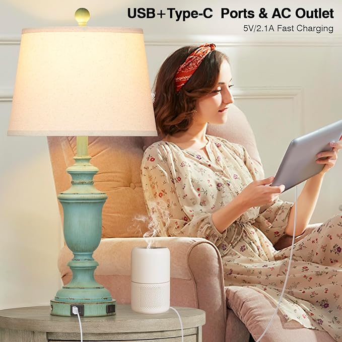 25.6" Farmhouse Table Lamps Set of 2 with USB C+A Ports & AC Outlet for Rustic Living Room Retro Bedroom,3-Way Dimmable Touch Lamp Bedside Lamps for Nightstand Side End Table,Retro Green