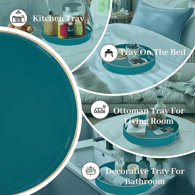 MAONAME 13" Round Tray, Teal Serving Trays with Handles, Modern Decorative Trays for Coffee Table, Plastic Ottoman Tray for Ottoman, Bathroom, Decor