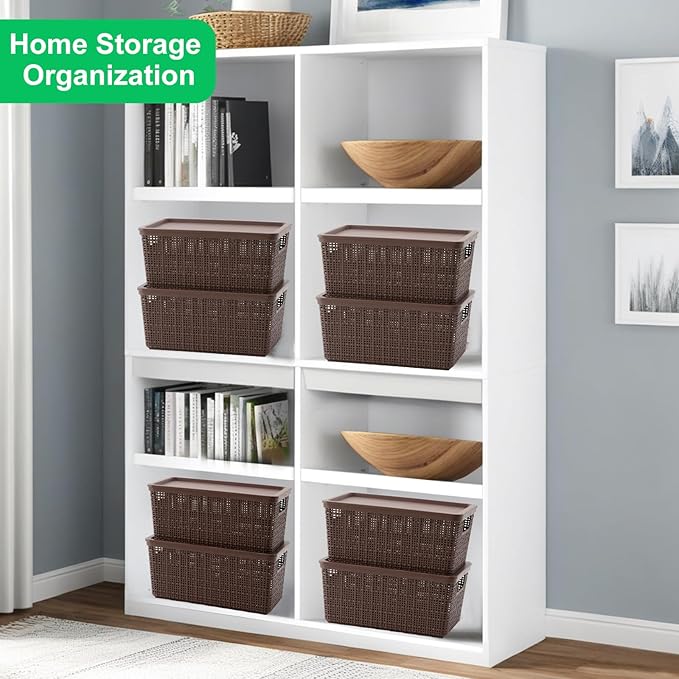 6 Pack Plastic Storage Baskets With Lids,Brown Breathable Stackable Storage Bins,Small Storage Containers,for Organizing Storage Baskets on Desktops,Closets,Playrooms,Classrooms,Offices
