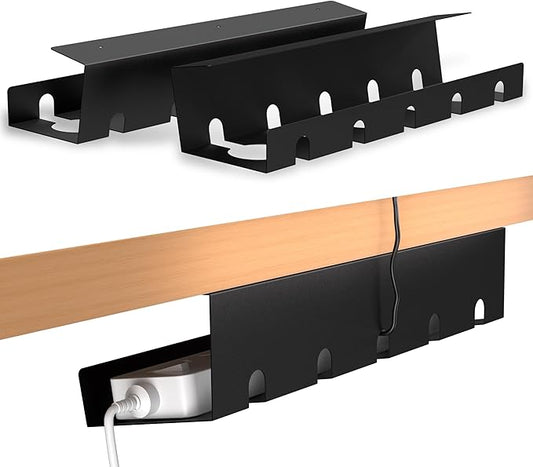 2 Pack Under Desk Cable Management Tray, Metal Wire Management Standing Desk Cord Organizer Power Strip Holder with Cable Ties and Clips for Home Office, Black