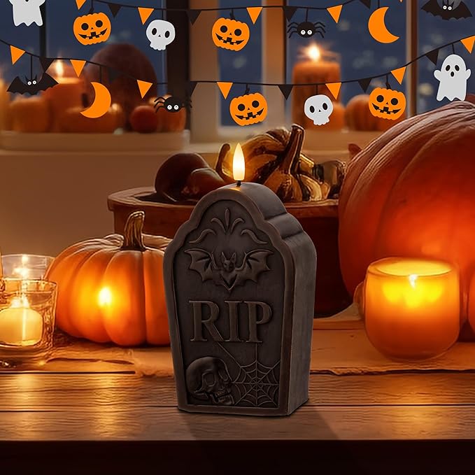 Halloween Flameless Candles with Remote, Real Wax Tombstone LED Candles, Flickering Battery Operated Fake Candle, Halloween Decorations for Table,Fireplace, Home, Party, Festival Decor