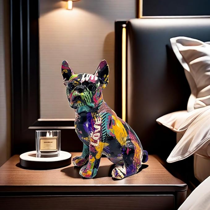 FUNSXBUG Colorful Art French Bulldog Statue Dog Figurines Sculpture Collectibles Home Office Desktop Decor Outdoor Garden Display Decoration Resin (Colour 3)