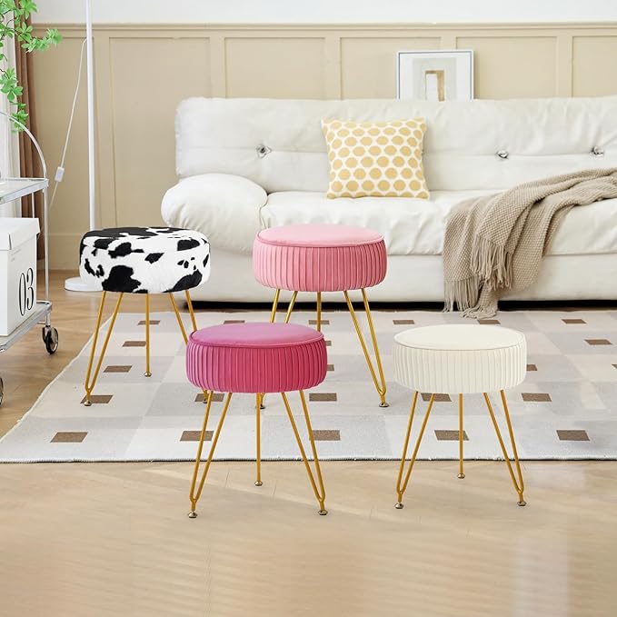 Faux Fur Vanity Stool Chair, Round Makeup Vanity Chair with Adjustable Metal Legs & Soft Padded Seat, Ottoman Foot Stool for Bedroom, Living Room, Entryway, Cow