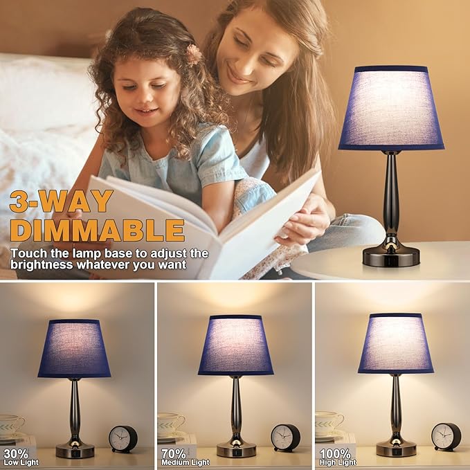 Kakanuo Touch Bedside Lamp for Bedroom with USB C Port, Small Touch Table Lamp with 2 USB Charging Ports, 3 Way Dimmable Nightstand Lamp for Living Room and Office - Royal Blue (LED Bulb Included)