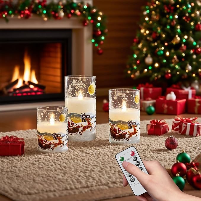 DRomance Santa Glass Flameless Candles Rechargeable Battery Operated with Remote and Timer Real Wax LED Flickering Pillar Candles White Cold Light Window Christmas Holiday Decor D3 x 4",5",6"