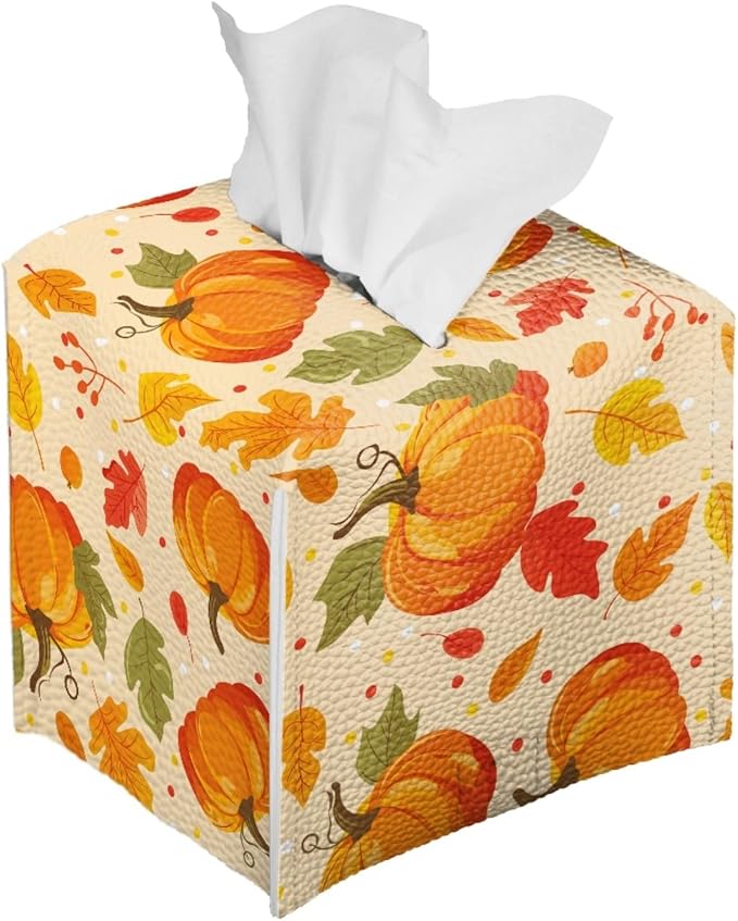 Pumpkin Maple Leaf Tissue Box Holder Square Tissue Holder Organizer Modern Napkin Cover for Bedroom Dresser Night Stand Office Desk PU Leather Decorative Organizer Thanksgiving Home Decor