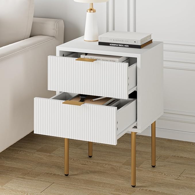 Masupu Nightstand,Mid-Century Modern Bedside Table with 2 Storage Drawer,Small Gold Frame Side End Table for Bedroom,Living Room, White