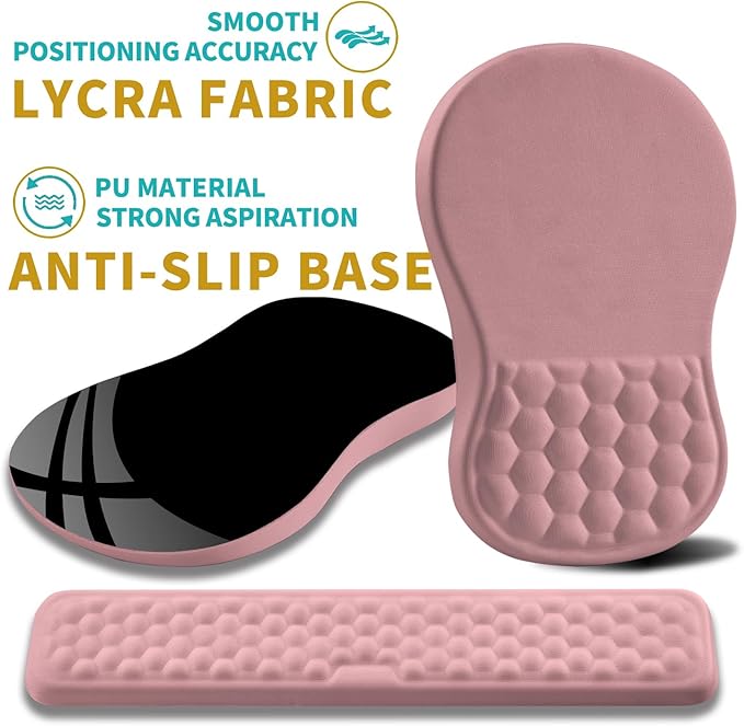 Hokafenle 2 in 1 Ergonomic Mouse Pad Wrist Support & Wrist Rest for Computer Keyboard Set, with Relieve Carpal Tunnel Pain Massage Bulge and Full Memory Gel Design (2In1 Set, Pink)