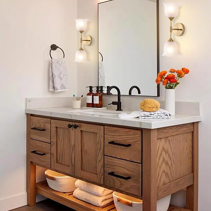 2-Lights Gold Wall Sconce with Frosted Glass Shades Modern Mid Century Bathroom Vanity Wall Light Fixtures Industrial Brushed Brass Wall Lamp for Bedroom Mirror Living Room Restaurant