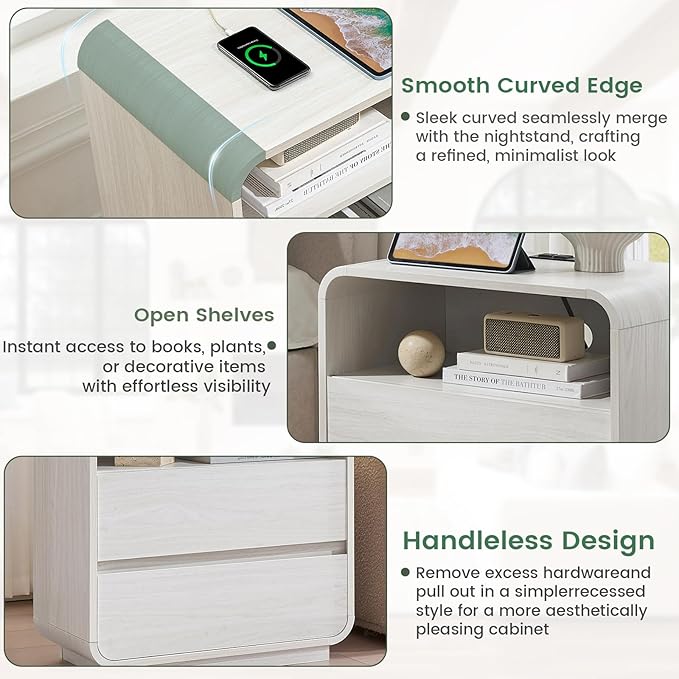 White Nightstand with Charging Station, 25" Tall Wood Bedside Table, Modern End Table with 2 Storage Drawers, Curved Profile, Mid Century Night Stand for Bedroom, Dorm, Sofa, Office