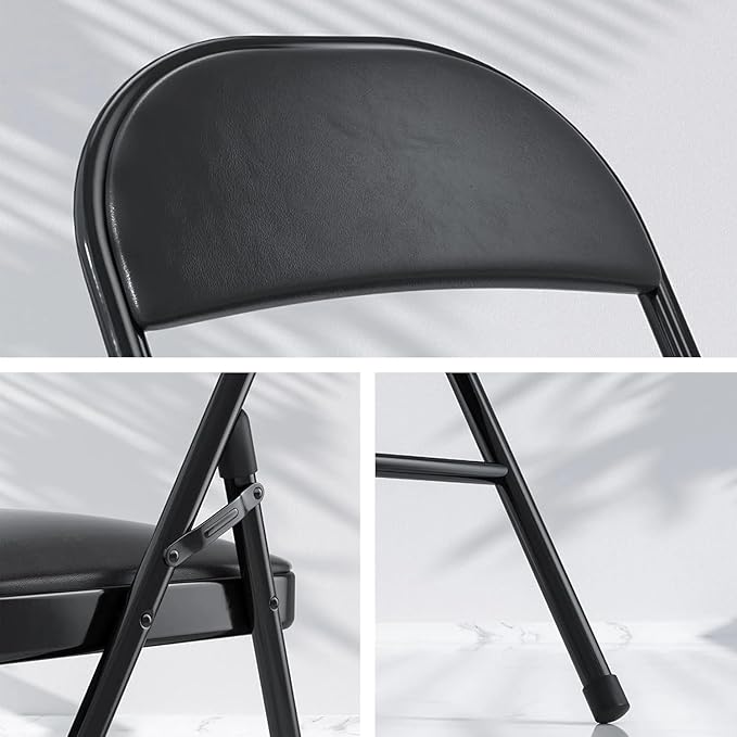 SEALAMB 6 Pack Black Folding Chairs with Padded Seats & Cushion, Durable Metal Foldable Chairs for Wedding Party, Commercial Chairs for Office School Church Events, 330lb Capacity (Black-PU, 6 Pack)
