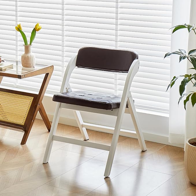 Padded Folding Chairs with Cushion, Stackable Wooden Foldable Chair Set of 2, Padded Folding Chairs with Cushion for Guests Kitchen, Office, Wedding, Picnic, Party Chair (White Brown)