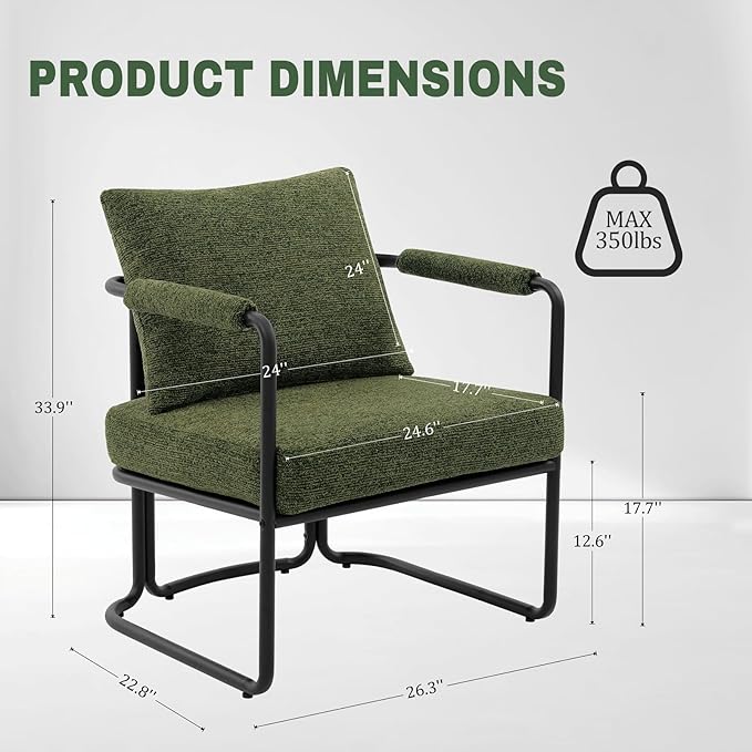 Mid-Century Modern Accent Chairs Set of 2, Comfy Upholstered Lounge Arm Chairs with Chenille Fabric for Living Room, Bedroom, Apartment, Reading Corner, Office, Green