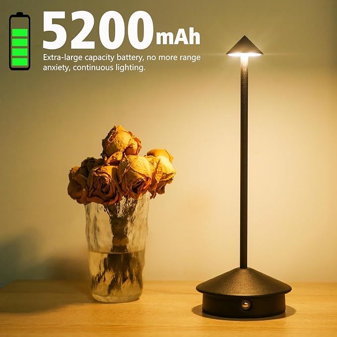 Cordless LED Table Lamp, Rechargeable 5200mAH Battery Operated Lamp for Decor, 3 Color Stepless Dimming Desk Lamps, for Restaurant, Bedroom, Outdoor Camping, Coffee Shop, Night Light
