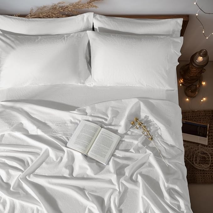 LBRO2M 100% Linen Sheet Set Queen Size, Bed Sheets 6 Piece Sets,Solid Color Natural Flax Bed Sheets Soft Breathable Bedding,16" Deep Pocket,All Season (Queen, White)