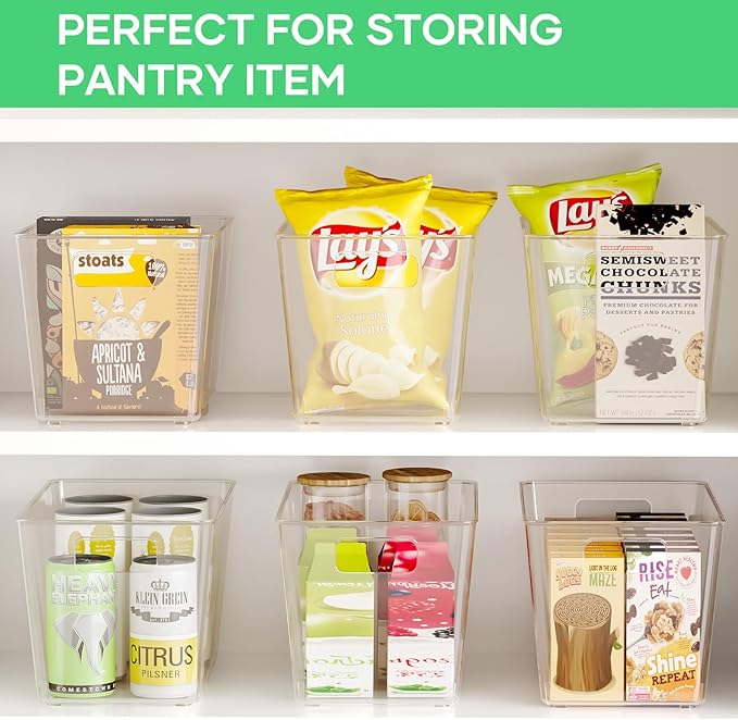 8 Pack Clear Plastic Storage Bins, 11" Large Pantry Organizer Bins with Handles, Plastic Containers for Refrigerator,BPA-Free Perfect for Kitchen,Fridge,Cabinet,Pantry,Bathroom,Closet Organization