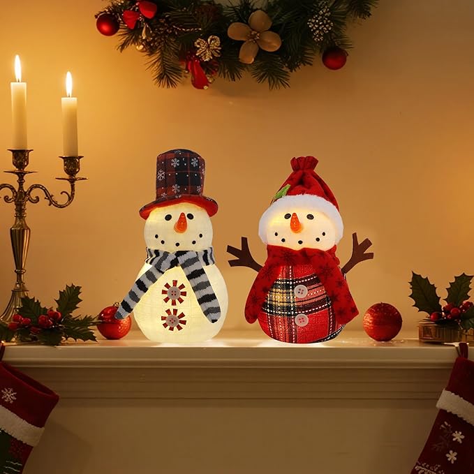Christmas Table Decorations, 2 Pcs Snowman with Warm White LED Lights, Xmas Table Top Snowmen Decor for Winter Home Kitchen Mantle Room Office Holiday Party