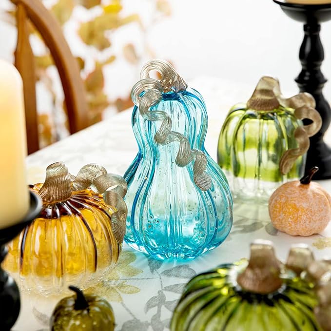 Glitzhome Hand Blown Two-Tone Crackle Glass Pumpkin Elegant Table Accent Amber 4.72 Inch
