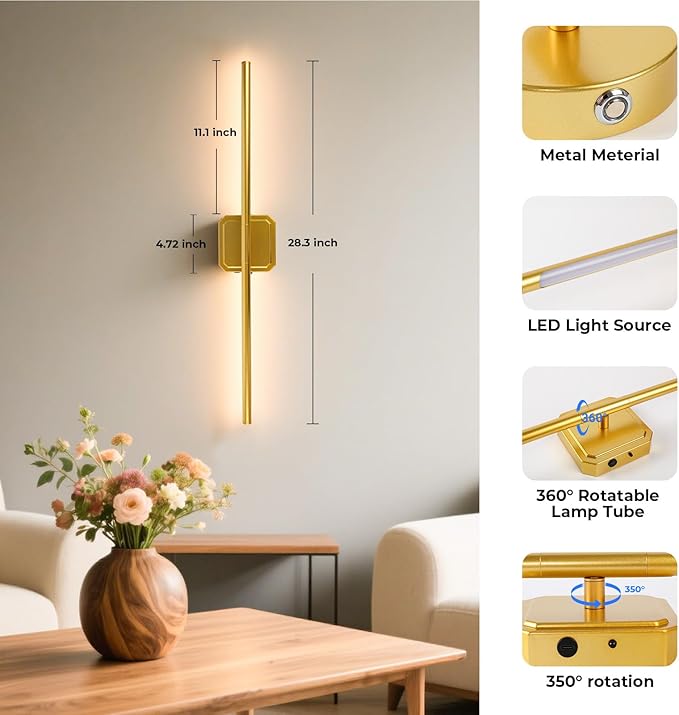 Battery Operated Wall Sconce Detachable 360°Rotate, Wireless Wall Lamp 3000-6500K Dimmable, 10000mAh Rechargeable Wall Light for Bedroom, Living Room,28" Black Gold (4 Pack)