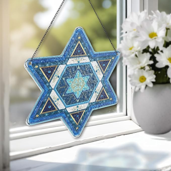 Star of David Suncatchers for Windows - Jewish Ornaments, Personalized Hanukkah Ornaments for Tree, Christmas Stained Glass Suncatcher, Hanukkah Gifts for Women Men