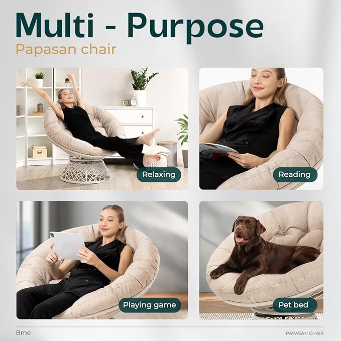 Bme 40" Ergonomic Wicker Papasan Chair with Soft Thick Density Fabric Cushion, High Capacity Steel Frame, 360 Degree Swivel for Living, Bedroom, Reading Room, Lounge