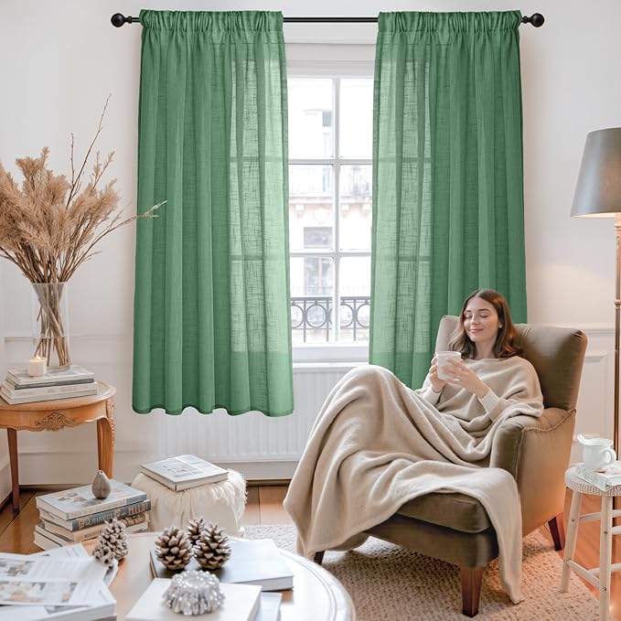 YoungsTex Green Linen Semi Sheer Curtains 63 Inch Length for Living Room Window, Light Filtering Drapes Rustic Textured with Rod Pocket Back Tab for Bedroom, 2 Panels, 42 X 63 Inch