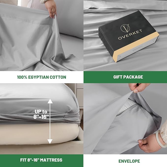 1000 Thread Count Egyptian Cotton Sheets Queen Size Set 4PCS Sateen Weave Soft Breathable 16-Inch Deep Pocket(Queen,Grey)
