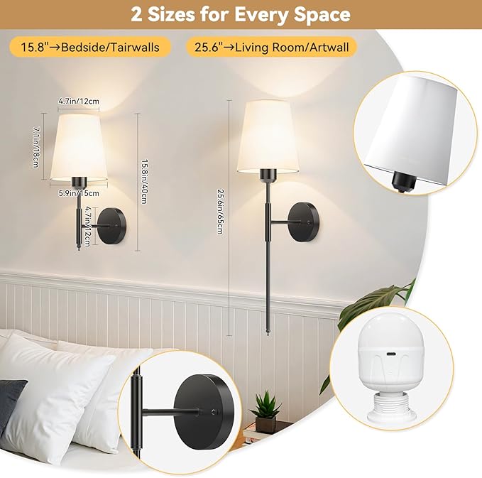 25.6 inch Battery Operated Wall Sconces Set of 2, Wireless Wall Lights with Rechargeable Bulbs & Remote, 15 Colors & Dimmable, Battery Powered Wall Lights for Bedroom, Living Room,Hallway,Black