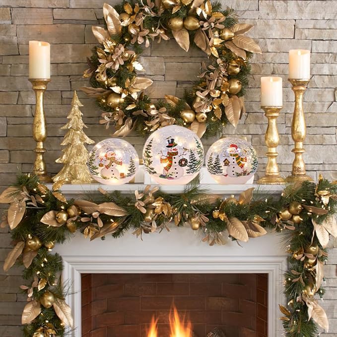 PHITRIC Christmas Decorations Indoor, 3 pcs Sparkling Snowman Globes with LED Lights and Timer, Tabletop Xmas Decor for Fireplace, Table, Home Decor Indoor