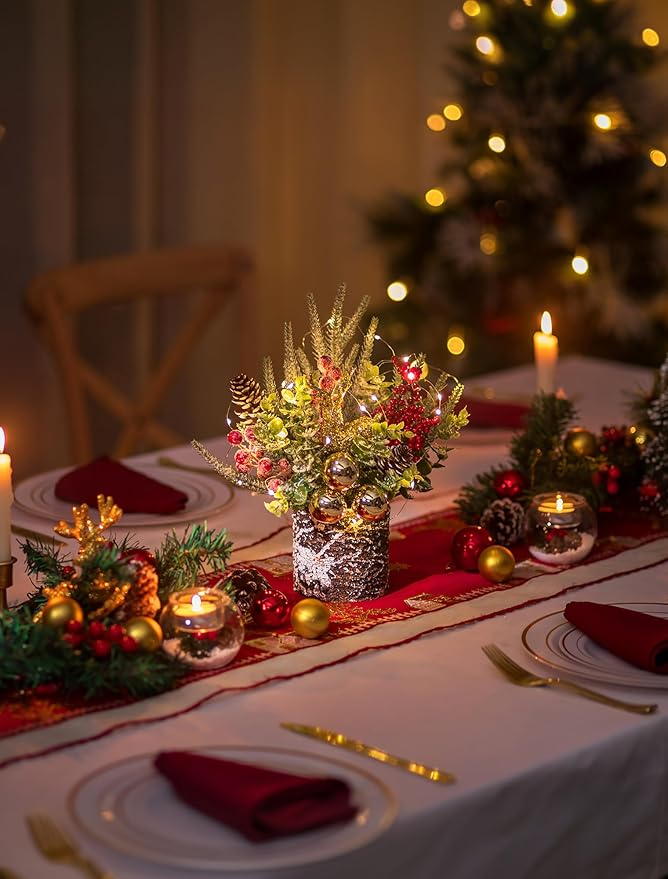 BLOSMON Christmas Centerpieces for Tables with Lights: Lighted Small Christmas Tree Fireplace Tabletop Decorations - Mini Xmas Tree for Indoor Home Office Dining Room