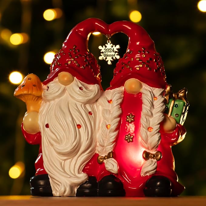 Christmas Decor Snowman Figurines Resin Lighted Indoor Ornaments Holiday Tree Festive Decorations Light Up New Year Gift Decoration for Table (Gnome Couple)