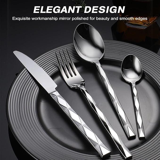 20-Piece Silverware Set, Premium Flatware Set for 4, 18/10 Stainless Steel Cutlery with Diamond Cut Pattern for Dinner, Kitchen, Home, Wedding, Party, Dishwasher Safe