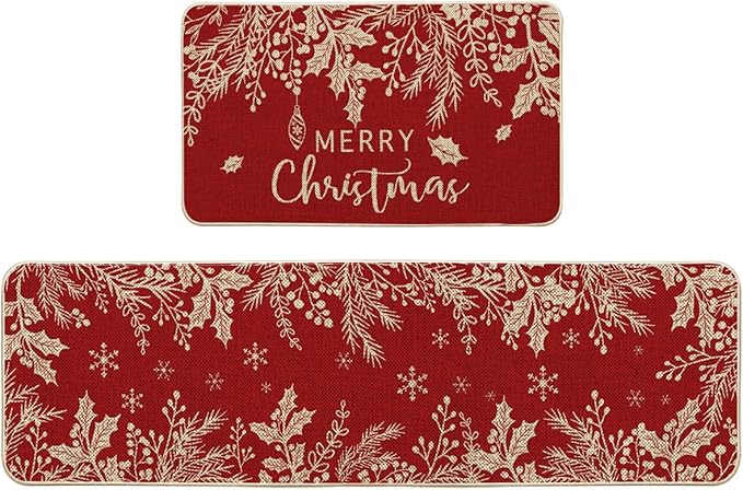 Artoid Mode Holly Pine Branches Leaves Merry Christmas Kitchen Mats Set of 2, Winter Decor Low-Profile Kitchen Rugs for Floor - 17x29 and 17x59 Inch