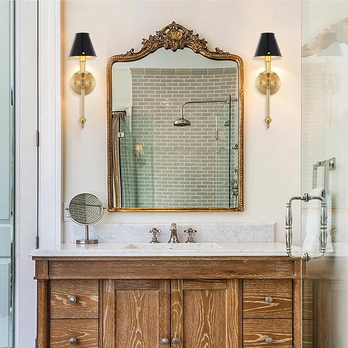 Modern Wall Sconce Industrial Mid Century Bathroom Vanity Wall Light Brushed Brass Finished Frame and Black Metal Lampshade Wall Mount Lights for Living Room Bedroom Stairs Corridor Mirror