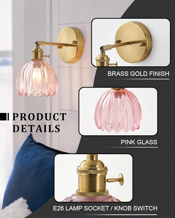 Plug in and Hardwired Wall Sconces, Luxury Vintage Tulip Crystal Glass Shade Wall Light with Switch for Bedside Bedroom Living Room (Tulip-Pink, 2)