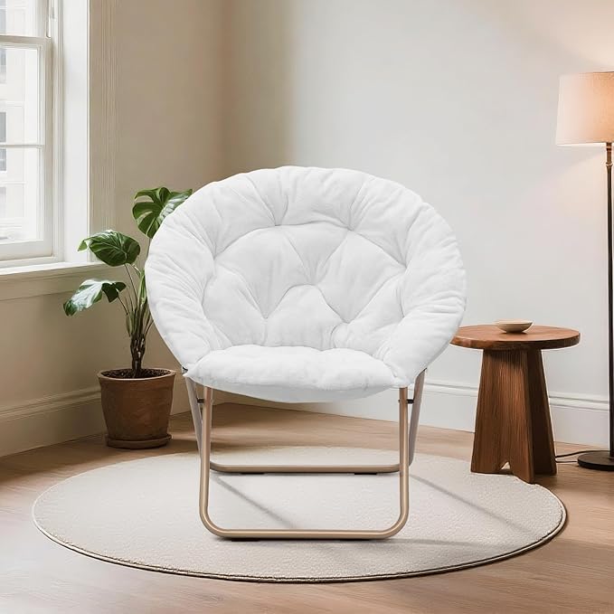Magshion Saucer Chair for Adults, Comfy Living Room Lounge Chair for Bedroom Corner, Dorm, Apartment, Faux Fur Fluffy Circle Accent Seat with Thick Padded & Folding Metal Frame (White)