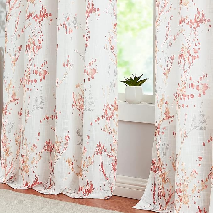 Branch Sheer White Curtains 96inch Long Red Tree Branch Semi Sheer Curtains Panels for Living Room Bedroom Linen Look Multicolor Pattern Textured Window Drapes for Kitchen Grommet Top 2pcs