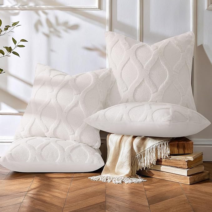 decorUhome Set of 4 Cream White Throw Pillow Covers 20x20 Inch, Neutral Decorative Soft Plush Faux Wool Couch Pillow Covers, Farmhouse Pillow Cases for Living Room Bed Sofa